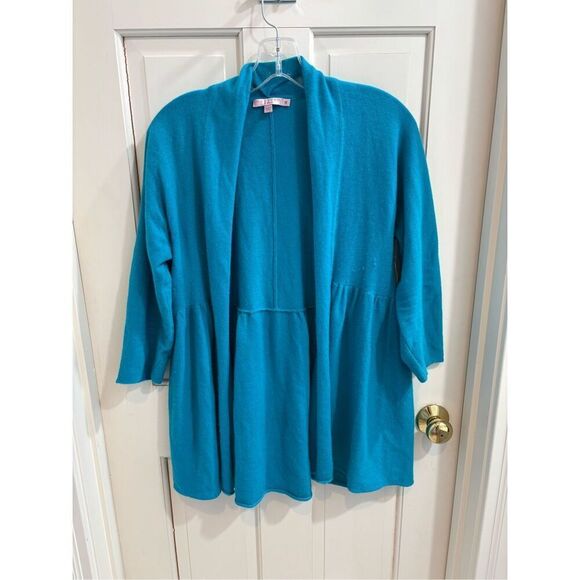 CALYPSO ST BARTH 100% Cashmere Open Front Peplum Cardigan Sweater Teal Sz MEDIUM - Picture 1 of 5